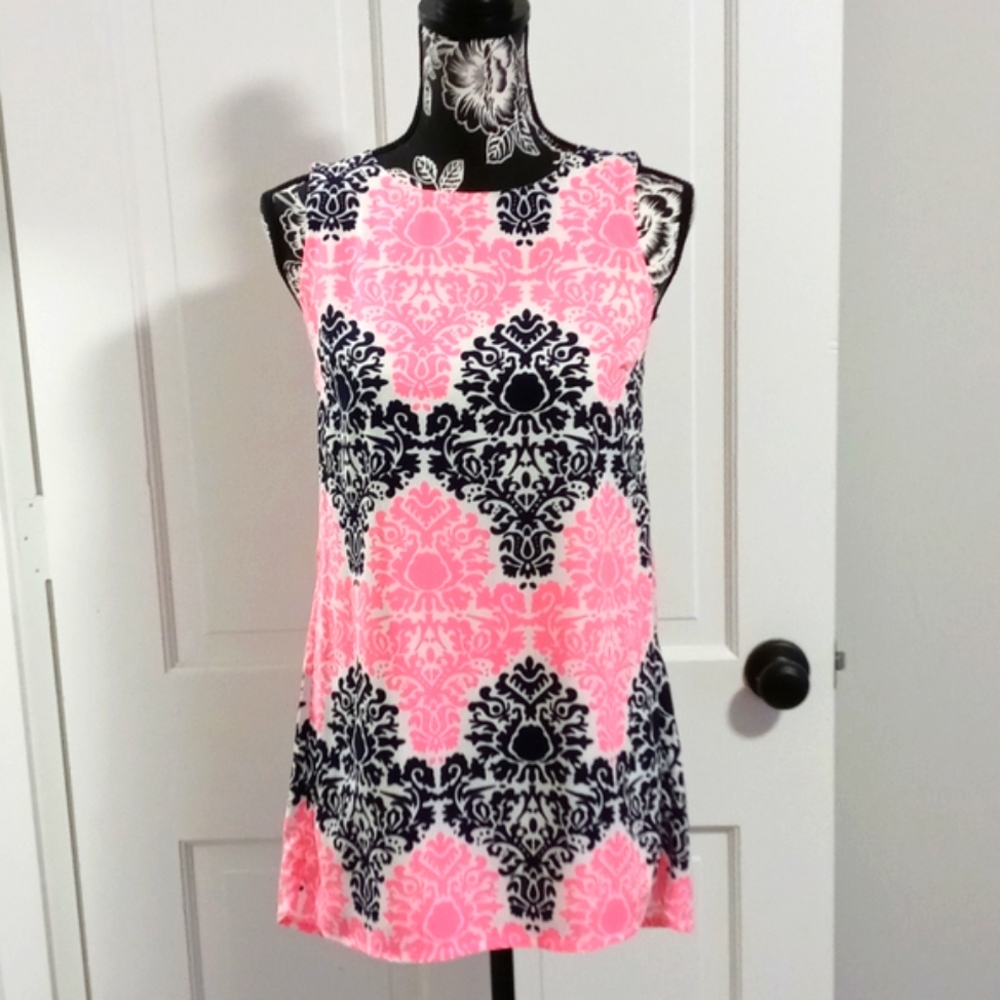 Monteau Pink Black Damask Print Sleeveless Top